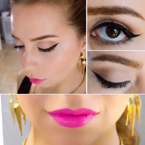 Very light eyeshadow with a winged liner and a pop of color in neon pink!