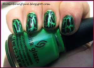 China Glaze's "Lime Light", with a coat of China Glaze's Black Mesh crackle. 
Read my review of the polishes on my blog, here: 
http://rainbowifyme.blogspot.com/2011/10/china-glaze-in-lime-light.html