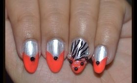 Zebra Print Nails with Orange Tips and Pearls