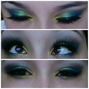 something I did today.(: 
products used are:
blue: beaming blue from all from Sally Hanson 
green: money hungry
yellow: golden