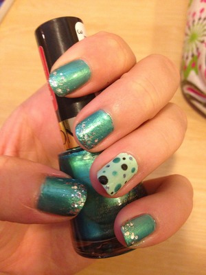 Easy-to-do shiny blue nails with sparkly tips and a polka dot accent nail!!! Love them so much and hope u try it!