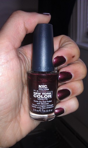 This is NYC's in a New York Minute Nail polish in Canal St. My favorite fall shade to wear. Quick drying, and can last about 3 days chip-free with a base coat and top coat.