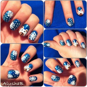 Hand painted polar bear and snowflake nails done by Alysha Bonnet. 