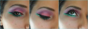 Pink lid, purple crease, winged liner with a bright green on lower lash line