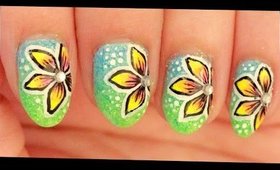 Yellow Flowers on Glittery Ombre nail art
