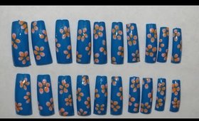 GNbL- Blue French nail tips with 5 dot flowers