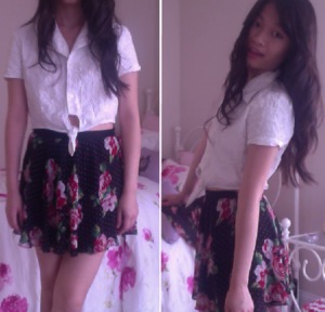 F21 Floral Print skirt with a thrifted cropped blouse and floral embroidery detailing.