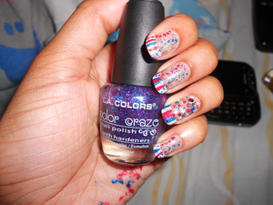 White french China Glaze/ White on White with red dots and blue dots Pure Ice/ Blue and jewels on my accent nail . 