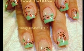 cherry blossoms on mint green french tip: robin moses nail art tutorial
