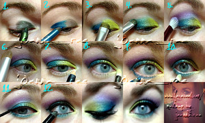 1.) Green liner on the inner half of the lid. 
2.) Blue liner on the outer lid. Blend colors together and soften the edges with your finger. 
3.) Pat on a lime green eyeshadow over the green liner.
4.) Place blue eyeshadow onto the blue liner. Blend colors together. 
5.) Apply a purple to the crease and work over the brow bone. 
6.) Add a highlight color. 
7.) Use a white eyeliner pencil around the inner part of eye. Soften it with your finger. 
8.) Lightly place a pale yellow on top of the white. 
9.) Blue liner on the lower lid. 
10.) Apply the blue eyeshadow on top of the liner. 
11.) Line the top lid.  
12.) Line the tight/water lines. Curl lashes, apply mascara, fill in the eyebrows, and done!!