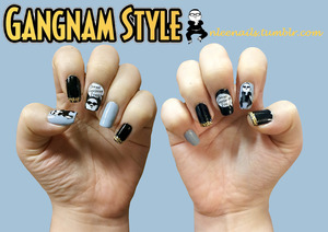 K-Pop sensation Psy’s Gangnam Style inspired nail art.

Since, the drawing itself is small and intricate, I did a different type of nail art. Instead of drawing on my finger first, I drew the characters and wrote the text on a piece of paper. Then, I painted over the art with nail polish and stamp the art on a plastic covering. Dry the polish on the plastic to create your own sticker. Slowly peel the sticker off the plastic covering and place it on your nails! Now, your done (: You’ve created your own nail art sticker.

nleenails.tumblr.com