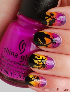 For the gradient I used 
China Glaze Sunshine Pop
China Glaze Orange You Hot?
China Glaze Beach Cruise-r
OPI Louvre Me Louvre Me Not       
Palms, birds & the surfer are painted with black acrylic paint.                             
http://brilliantnail.se/tropisk-solnedgang
