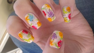 feminine nails using newspaper technique, watercolour technique, and water decals www.glittertips22.blogspot.co.uk