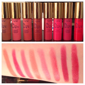 Tarte LipSurgence swatches from L to R: generous, glee, cheerful, grateful, lovely, believe, destined, enamored. 
