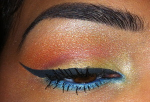 blue eye shadow on the bottom lash line: mac "shimmermoss"
top eyelid eyeshadows are from a sephora palette and liquidliner