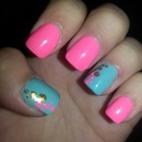 Minty pink gold polka dots nails