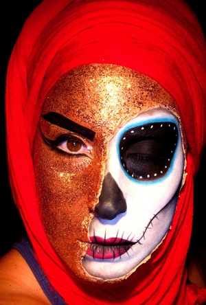 For the skull, I used white waterproof foundation by Laukrom. 
For the "glamourous side", I used a no brand golden glitter. 
For the ripped effect, I used Laukrom's liquid latex. 