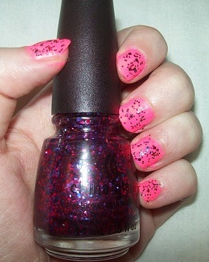 Pink glitter nails with Flip Flop Fantasy and Be Merry, Be Bright, both by China Glaze.