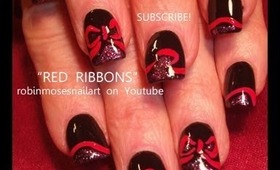 black with red ribbons and glitter holiday nails: robin moses nail art tutorial fnord  545