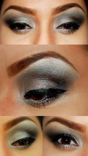 Primed and applied eyeshadow base
-applied white jumbo crayon and smudged it to the crease with finger
-packed silver mineral eyeshadow in lid
-Applied dark silver color from the LORAC trio on crease and browbone in windshieldwiper motion blending with lid color until no harsh lines were visible
-applied pearly white mineral powder as highlight: BFTH mineral eyeshadow in LINEN
-used matte black color from palette for outer V, blending to eliminate harsh lines and applied more as needed.
-applied pearl white minerals in tearduct and inner lash line
-for outer lashline I used dark silver and black together.
-For upper water liner I used a soft kohl eyeliner and applied it also in the lower water line only in the outer part. For the inner lower water line I used a white pencil eyeliner
-used a liquid liner in black to achieve flare and finished eyelashes with mascara
-for eyebrows I used anastasia brow duo and outlined them with concealer to give them a more clean look.