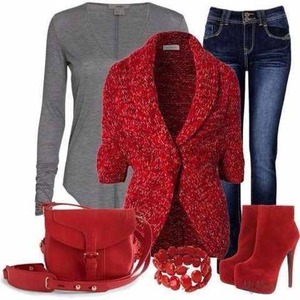 Red blazer,red shoe &bag accessories,grey under lay and denim.