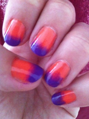 Orange and Purple
First attempt, I think it came out pretty well!

Orange: NYC 112A
Purple: Fashion Colors 
Color Club Vivid top coat