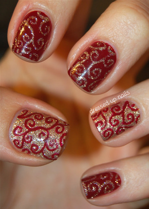 I did these right after I picked up Champagne Kisses and Merry Berry from the China Glaze Holiday Joy collection - I LOVE these two colors and I love them even more together! The swirls were freehanded with a little detailing brush.

http://www.dressedupnails.com/2012/12/the-digit-al-dozen-does-festiveness-day_12.html