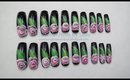 GNbL- Black Nails with Pink and White one stroke roses