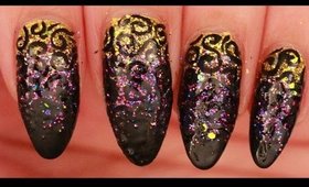 Black Swirls on Glittery Ombre nail art