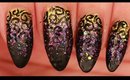 Black Swirls on Glittery Ombre nail art