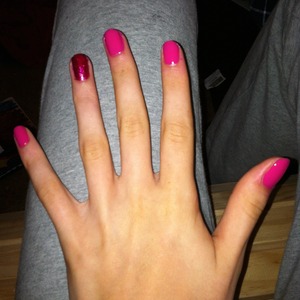 The glittery one on my ring finger is by Claire's and the rest are It's my Pink! Betsey Johnson by Sephora by OPI