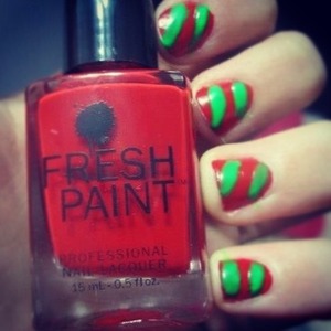 Candy Cane style nails using green and red nail polish and bobby pins for the stripes.
