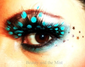 Eye make up using turquoise colour and feather lashes