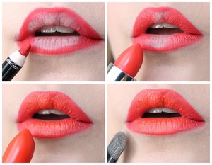 1) Outline your lips using a lipliner
2) Take your dark orange/red lipstick and draw it on the outer edge.
3) In the center, put a bright orange lipstick
4) Clean up around the lips using your foundation