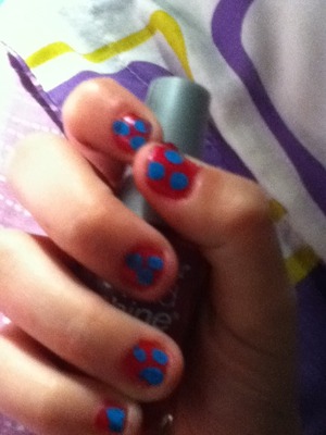 Pink nails with blue polka dots :) FUN