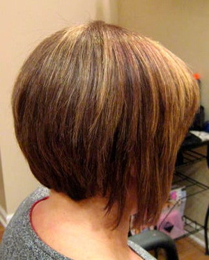 Haircut: Disconnected, Layered, Graduated Bob. Color: All over base color 1/2 6n, 1/2 7n 'Wella Color Charm,' Highlights: Wellite with 20 Volume