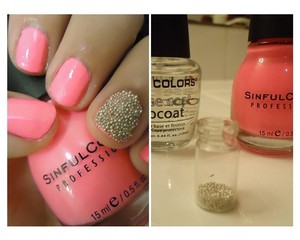 Hot pink nails with silver caviar accent nail. 