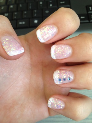 Cute glitter nails, using baby pink glittered gel. 