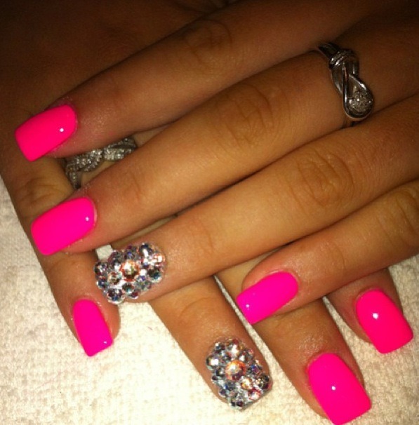 Gorgeous Hot Pink Nails with Bling Accent. | Stephanie M.'s (kennedy ...