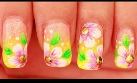 Pink Flowers on Neon Yellow nail art