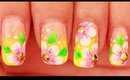 Pink Flowers on Neon Yellow nail art