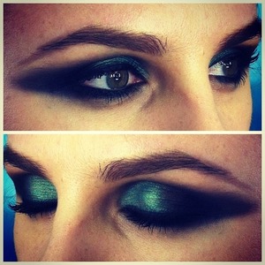 Created a long eye look with two colours. A smoky dark black, with a shimmering turquoise green on the lid. Elongated eyebrow in order to sit well with the eyeshadow.