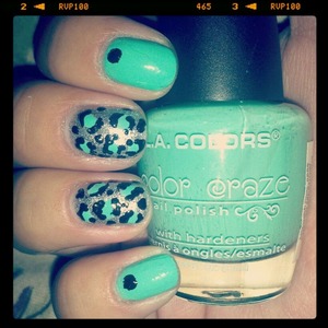 teal and silver nails with leopard print and polkadot accents! 