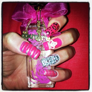 Pink nails with crowns and diamonte's, leopard and zebra print nail art :)