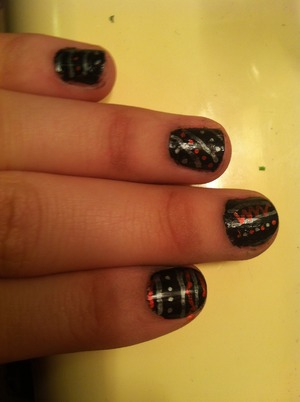 Used black color concept nail polish. And silver and red Sally Henson nail art pens. 