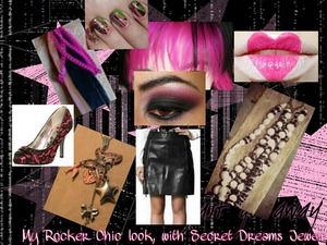 This is a pink and black collage  of a rocker chic look!
