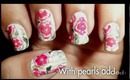 Pink Flowers on Green Striped Background Nail Art